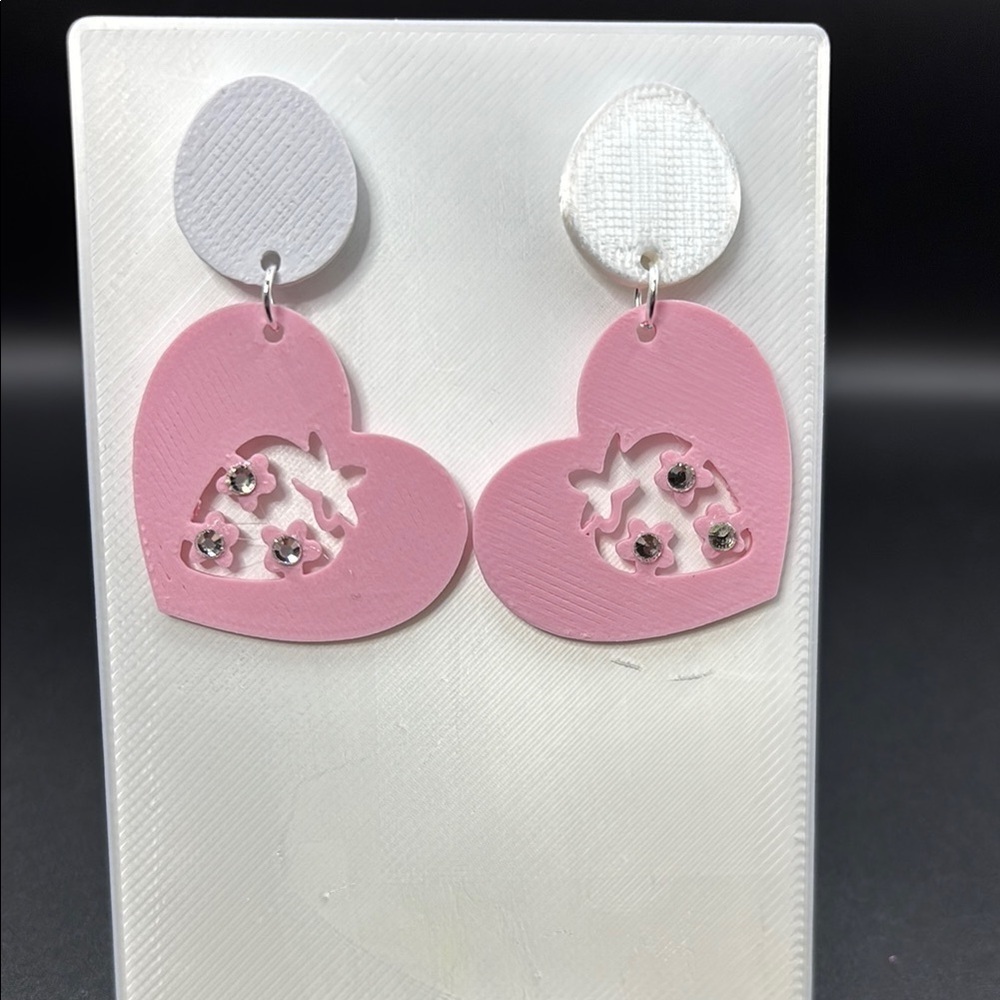 Pink Heart Strawberry Earrings with Floral Design